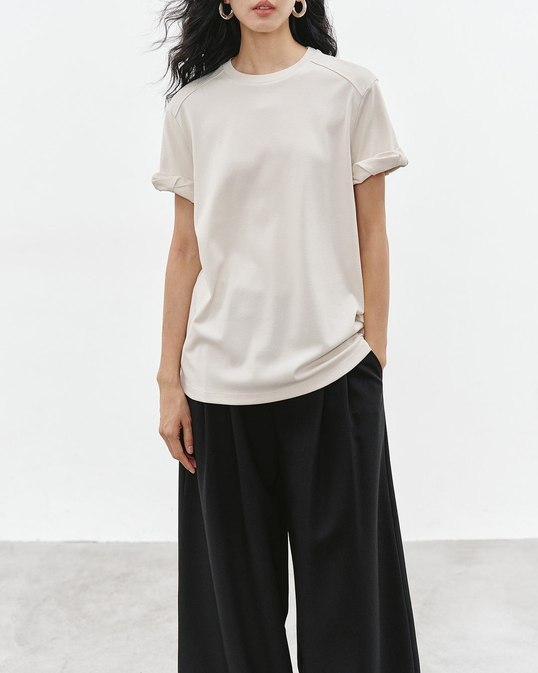 basic t-shirt with roll-up sleeves 2color【NINE0305】