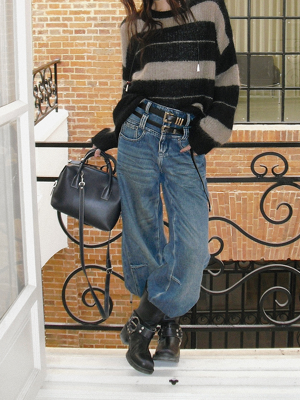 double-belt-loop denim loose pants【NINE8820】