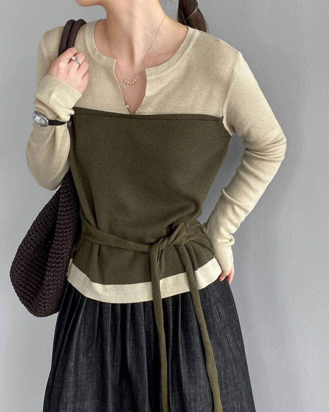 color block belt long sleeve knit 3color 【NINE7314】