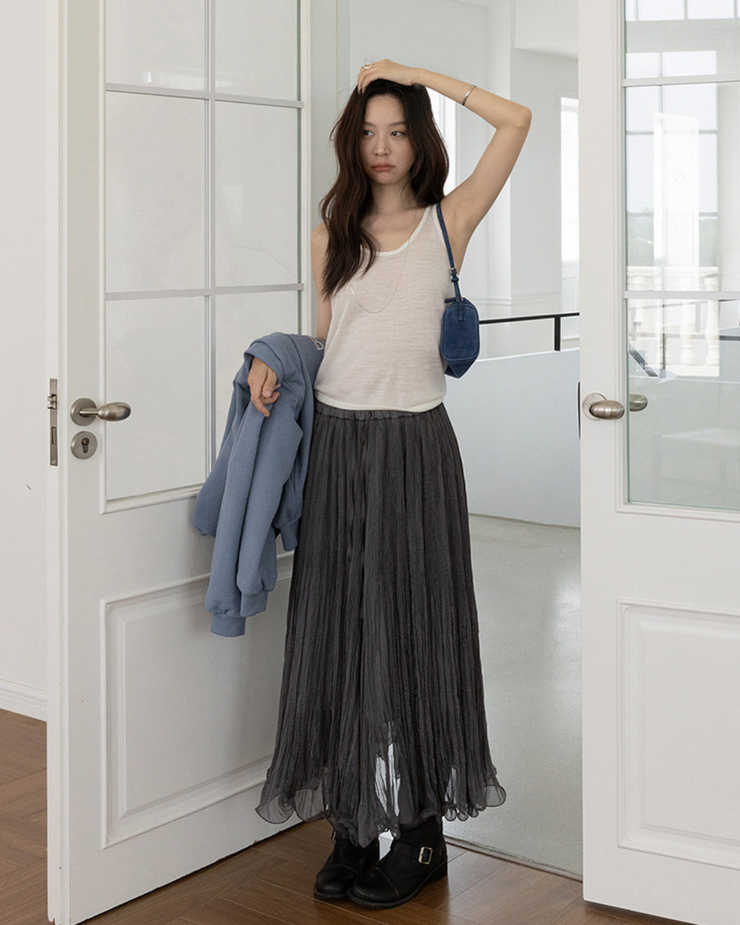 crinkled chiffon pleated long skirt 2color 【NINE7299】