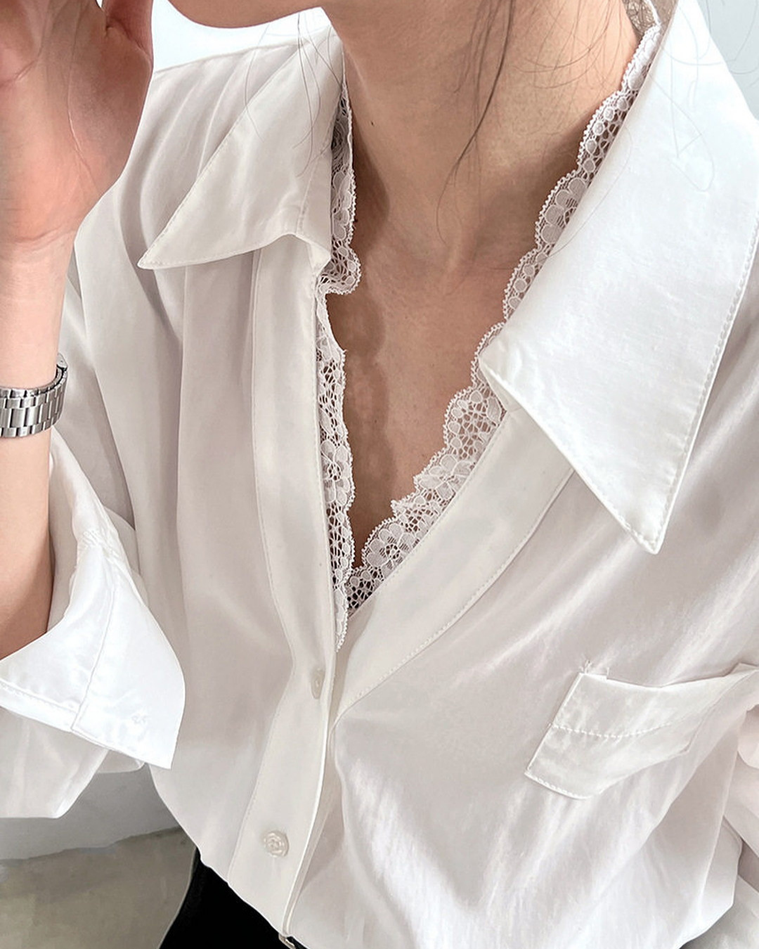 lace trim loose fit long sleeve shirt 2color 【NINE7311】