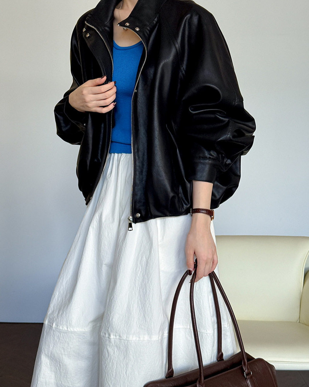 oversized faux leather bomber jacket 1color 【NINE7316】
