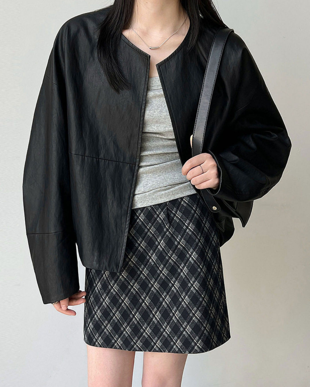 collarless faux leather relaxed jacket 1color 【NINE7327】