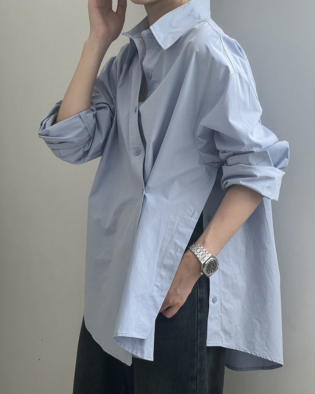 asymmetric placket loose fit long sleeve shirt 2color 【NINE7317】