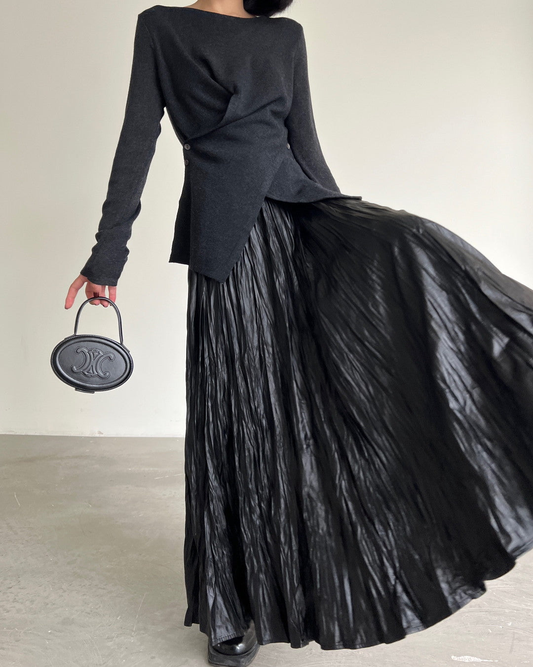 crinkled texture long pleated skirt 1color 【NINE7266】