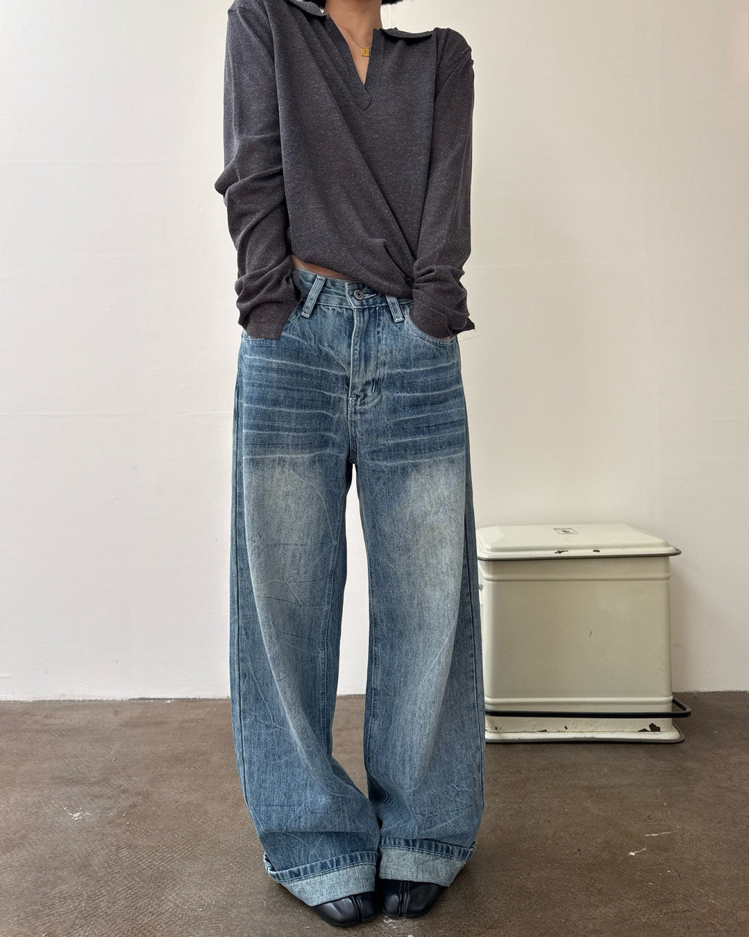 vintage washed wide denim pants 1color 【NINE7268】