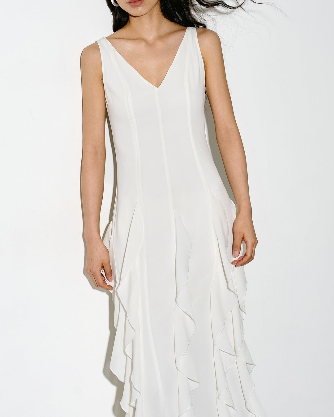 v-neck frilled long one-piece【NINE0343】