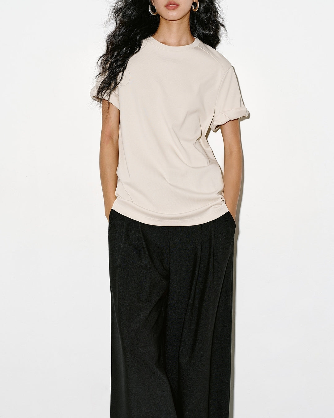 basic t-shirt with roll-up sleeves 2color【NINE0305】