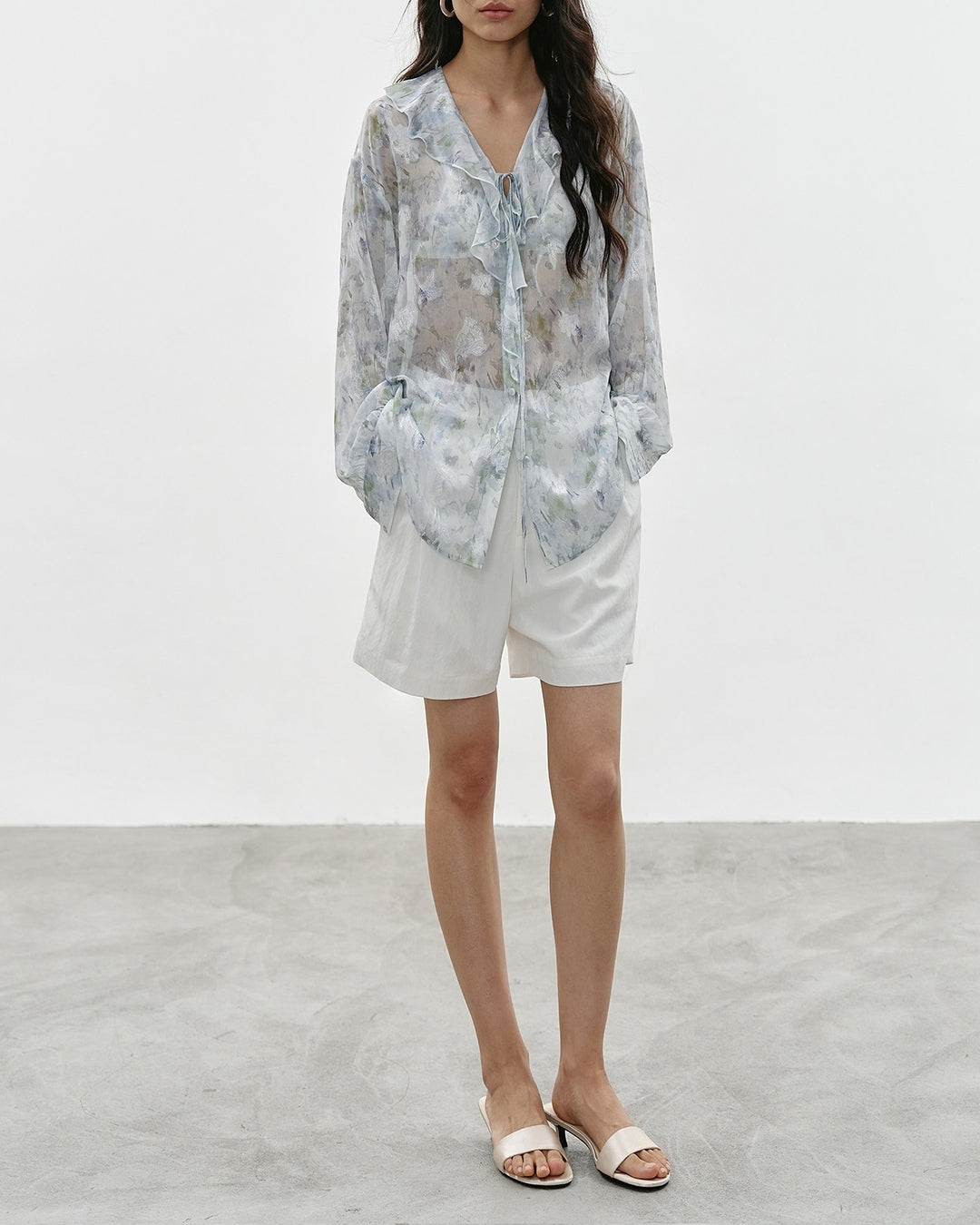 v-neck ruffled floral sheer blouse【NINE0336】