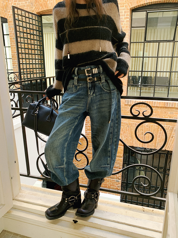 double-belt-loop denim loose pants【NINE8820】