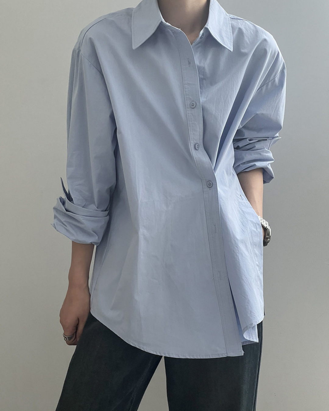 asymmetric placket loose fit long sleeve shirt 2color 【NINE7317】