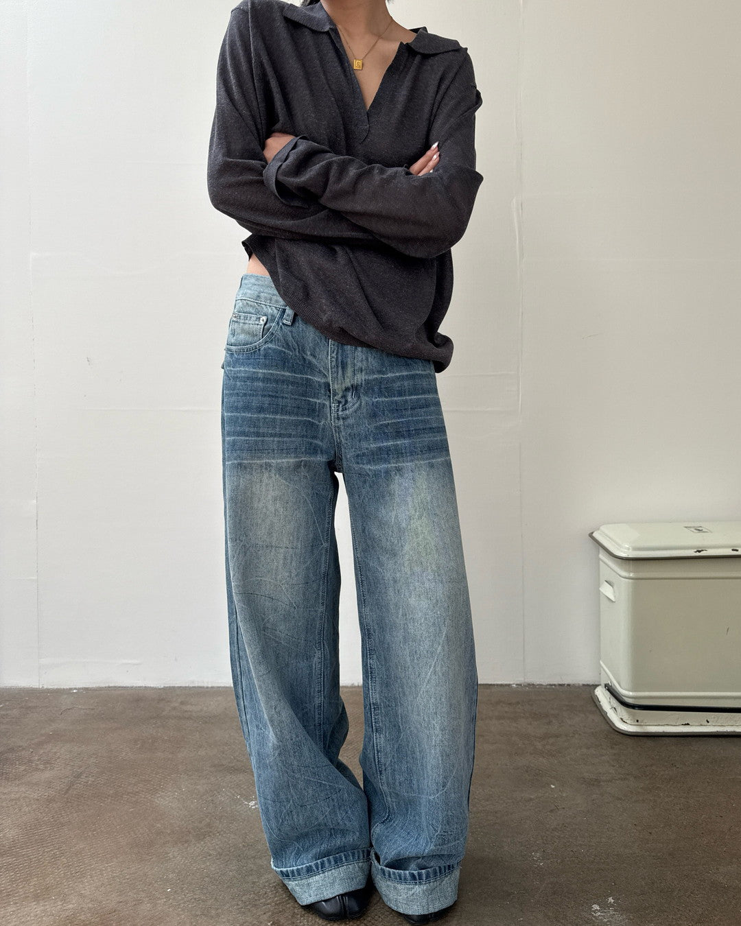 vintage washed wide denim pants 1color 【NINE7268】