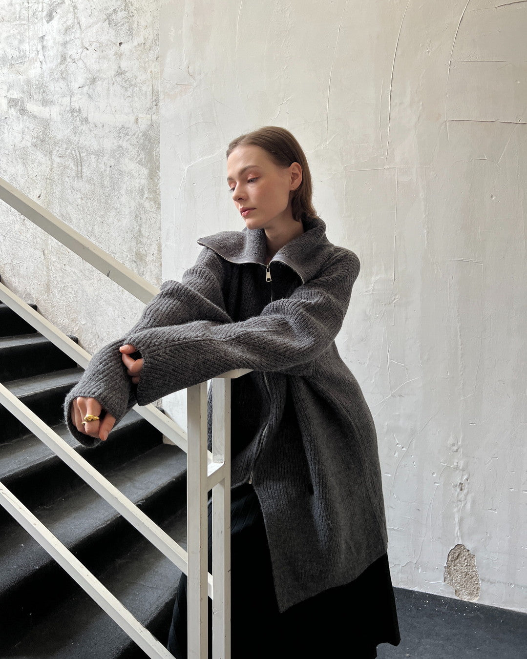 zip up neck knit cardigan jacket 2color 【NINE7271】