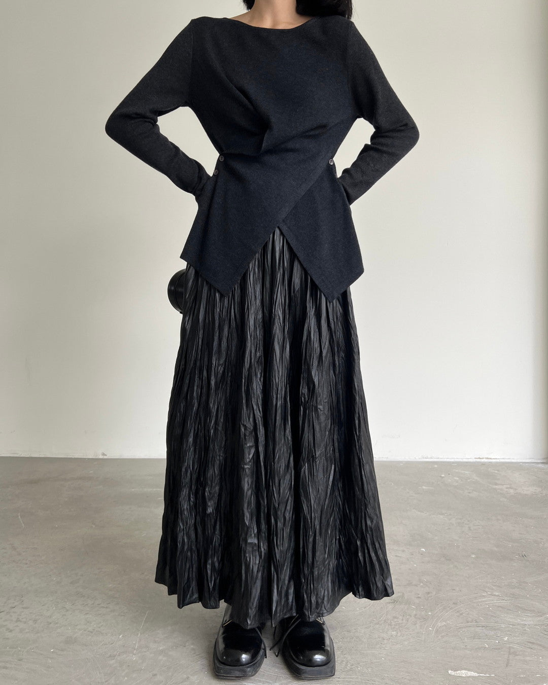 crinkled texture long pleated skirt 1color 【NINE7266】