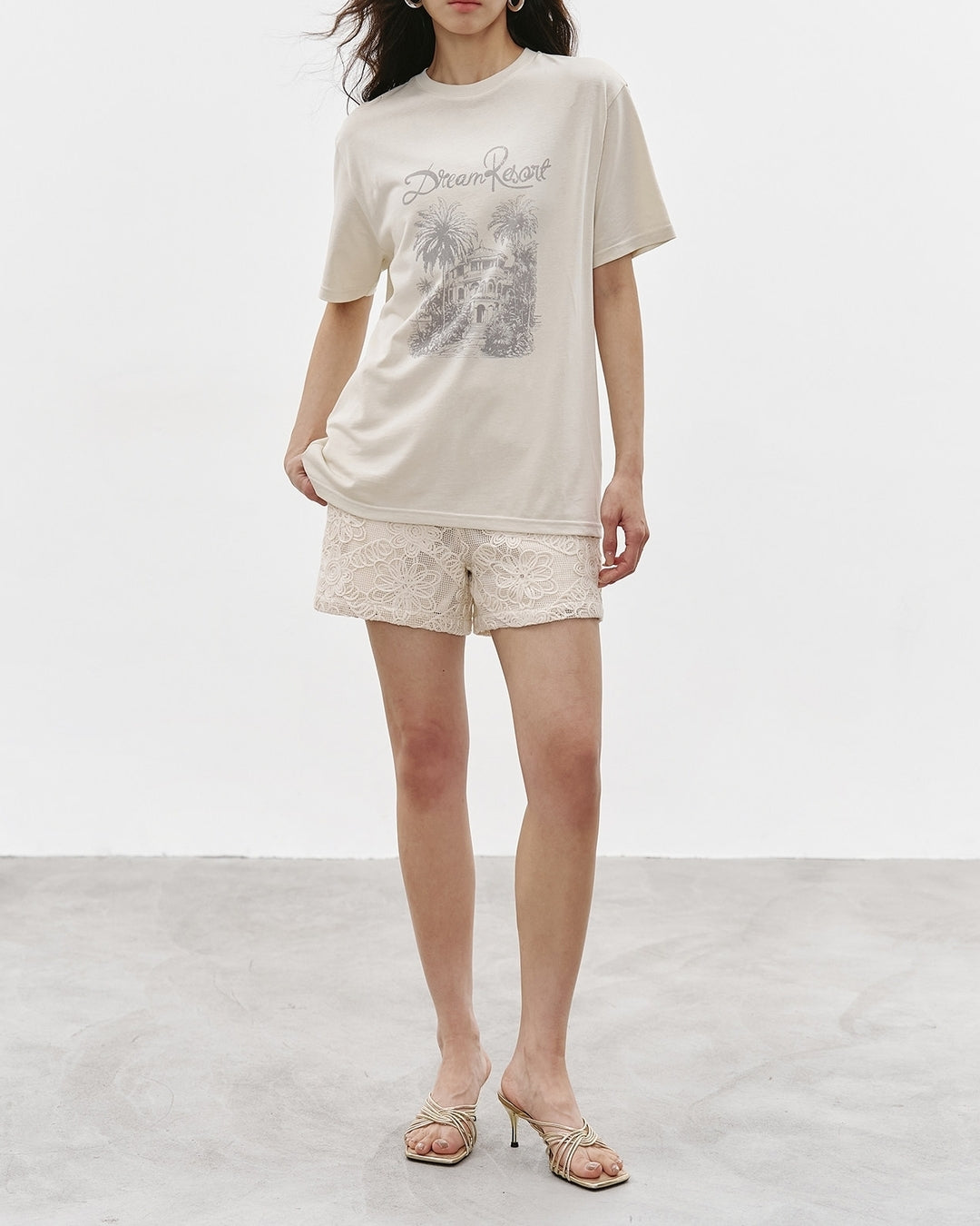 floral-print embroidered shorts【NINE0357】