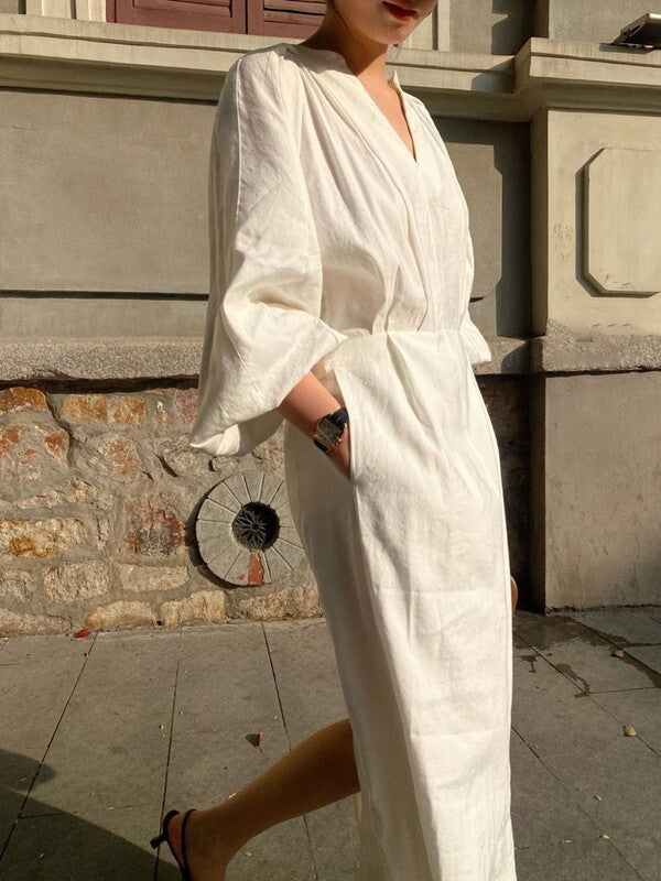 balloon-sleeve chic Ivory color long one-piece【NINE7750】