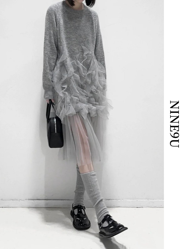 knit＆tulle see-through frill one-piece【NINE8393】