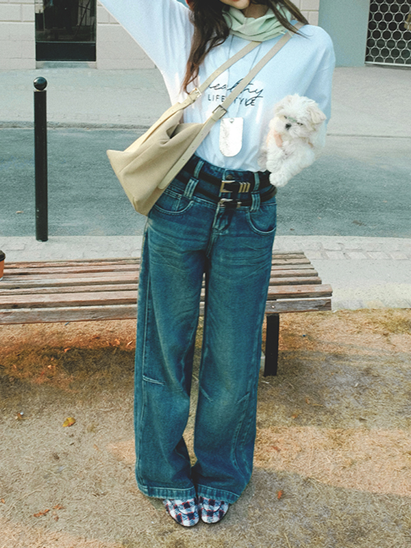 double-belt-loop denim loose pants【NINE8820】