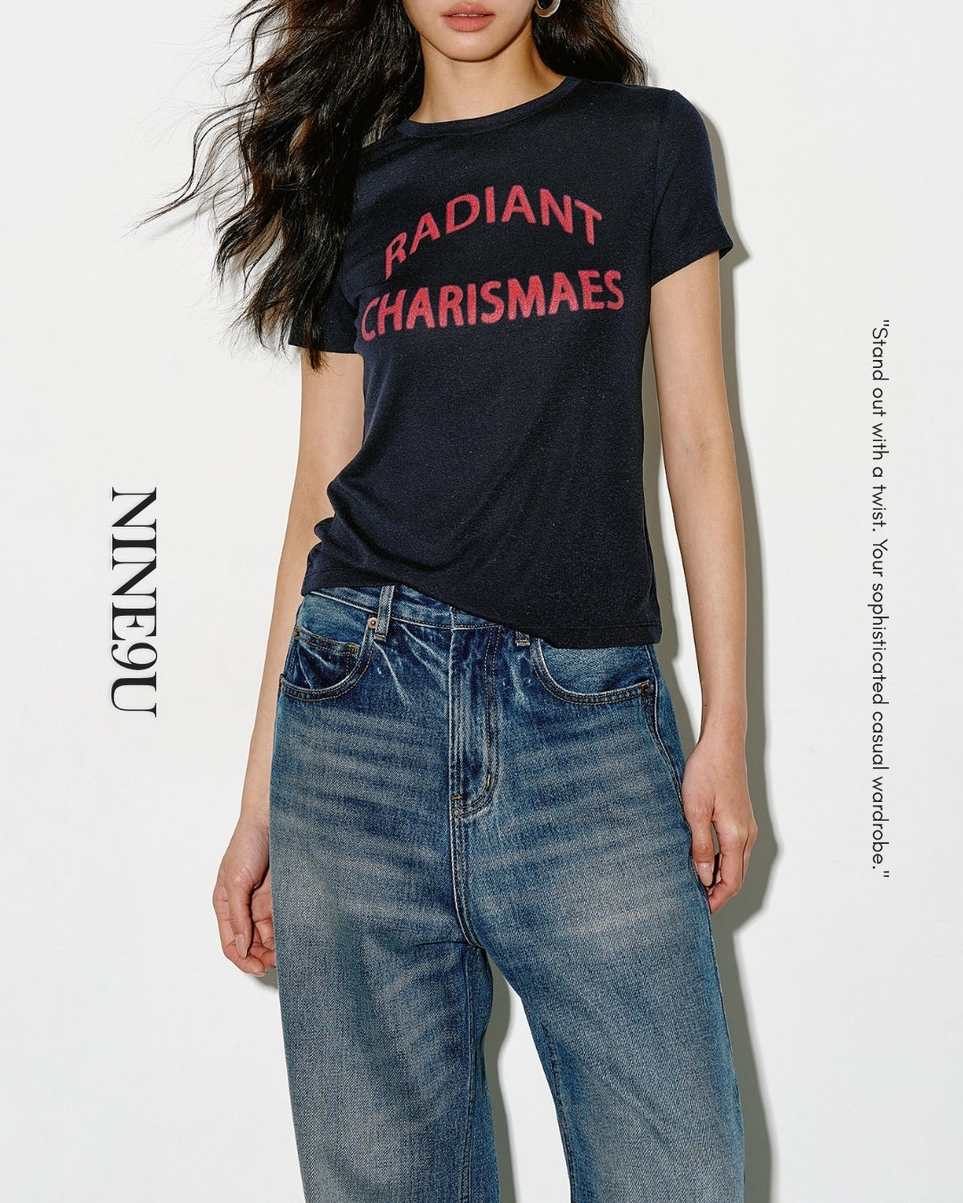 lettering print slim fit t-shirt 2color【NINE0350】