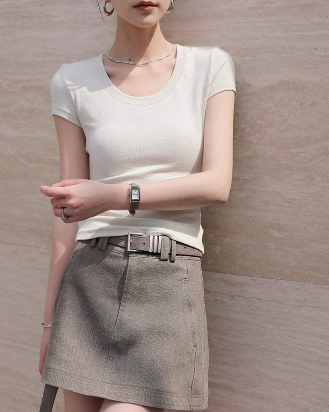 round neck slim tops 3color【NINE0184】