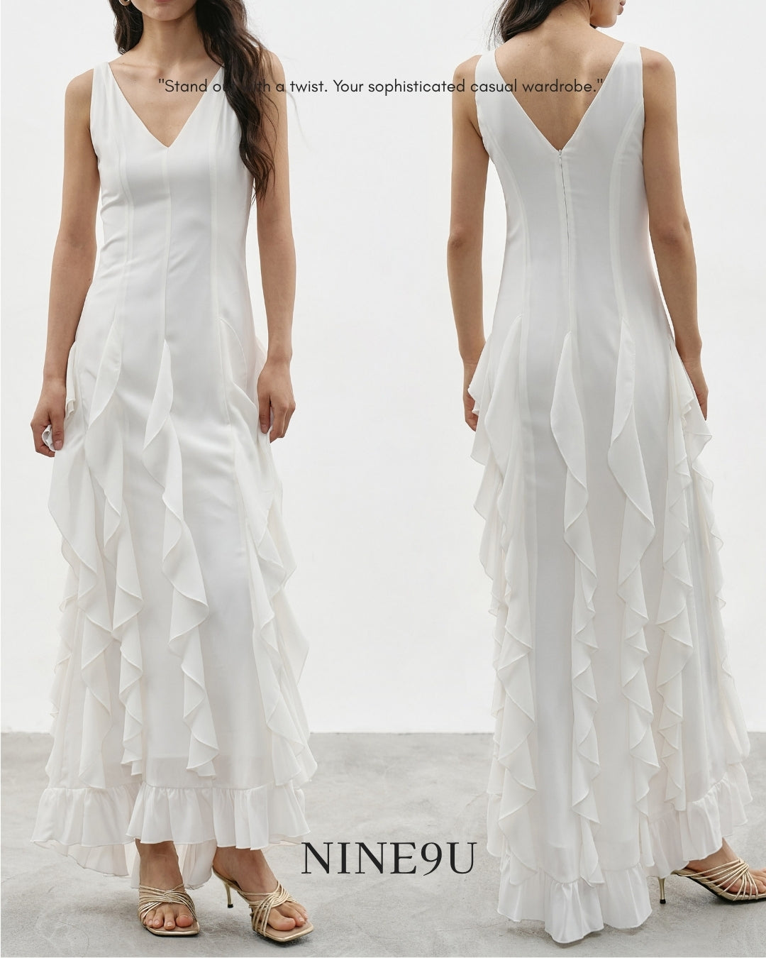 v-neck frilled long one-piece【NINE0343】