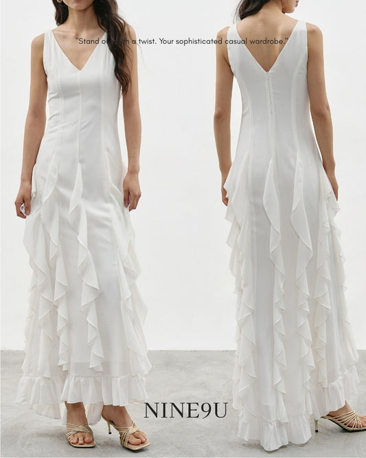 v-neck frilled long one-piece【NINE0343】