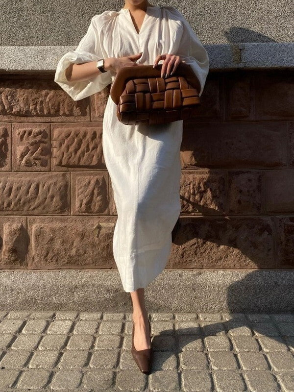 balloon-sleeve chic Ivory color long one-piece【NINE7750】
