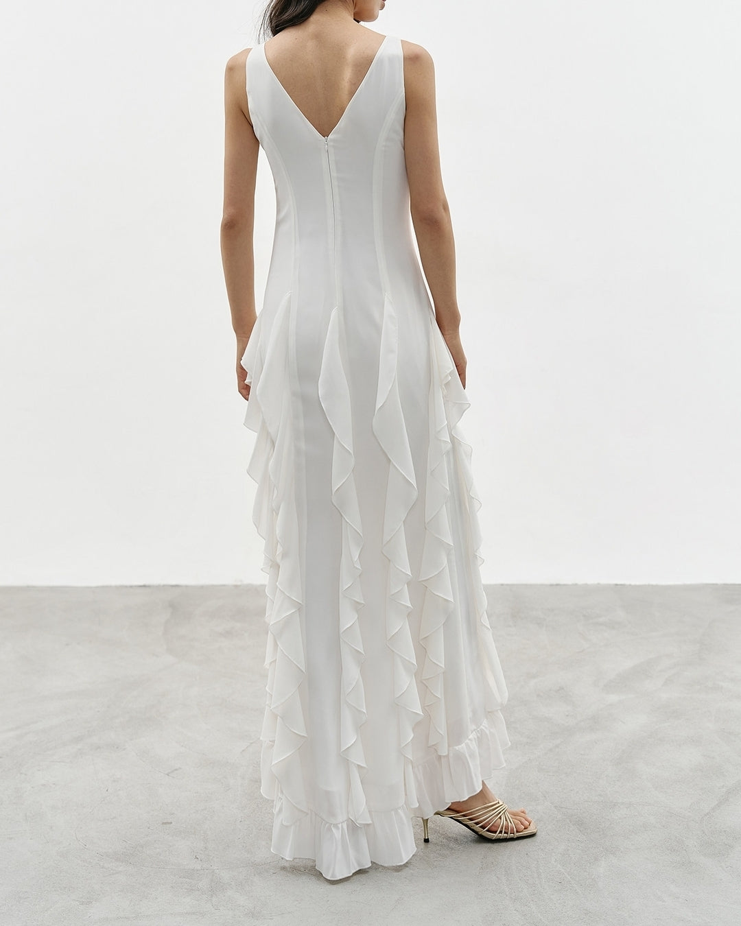 v-neck frilled long one-piece【NINE0343】
