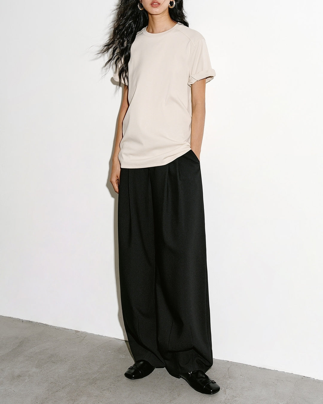 basic t-shirt with roll-up sleeves 2color【NINE0305】