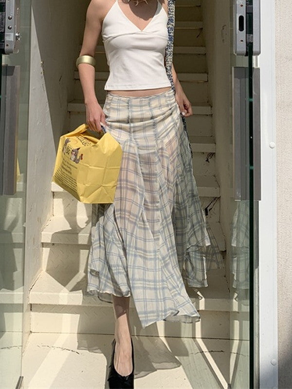 checked sheer fish-tail long-skirt【NINE9380】