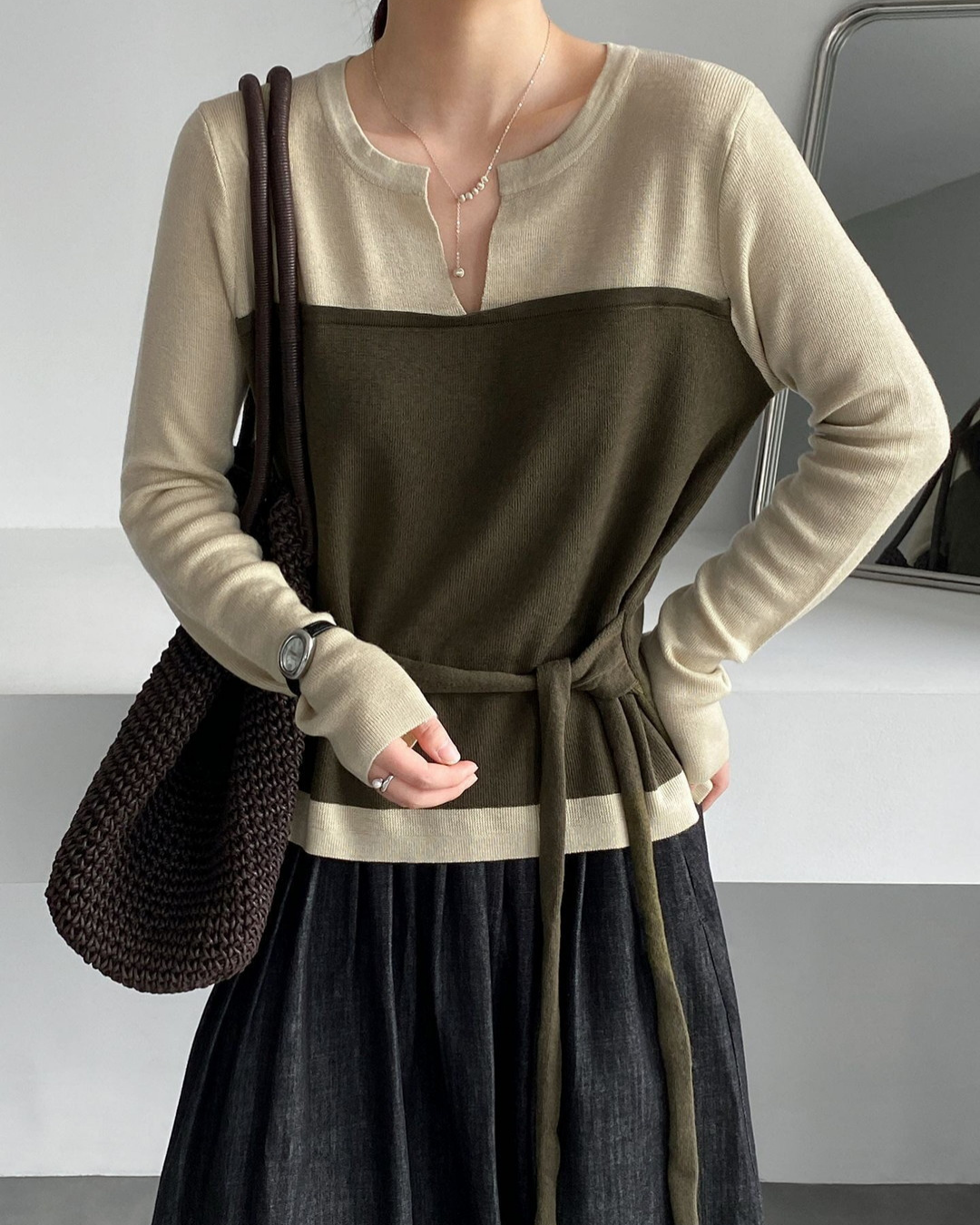 color block belt long sleeve knit 3color 【NINE7314】