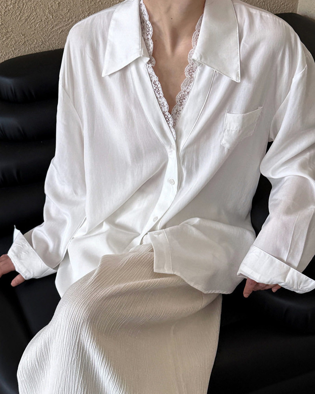 lace trim loose fit long sleeve shirt 2color 【NINE7311】