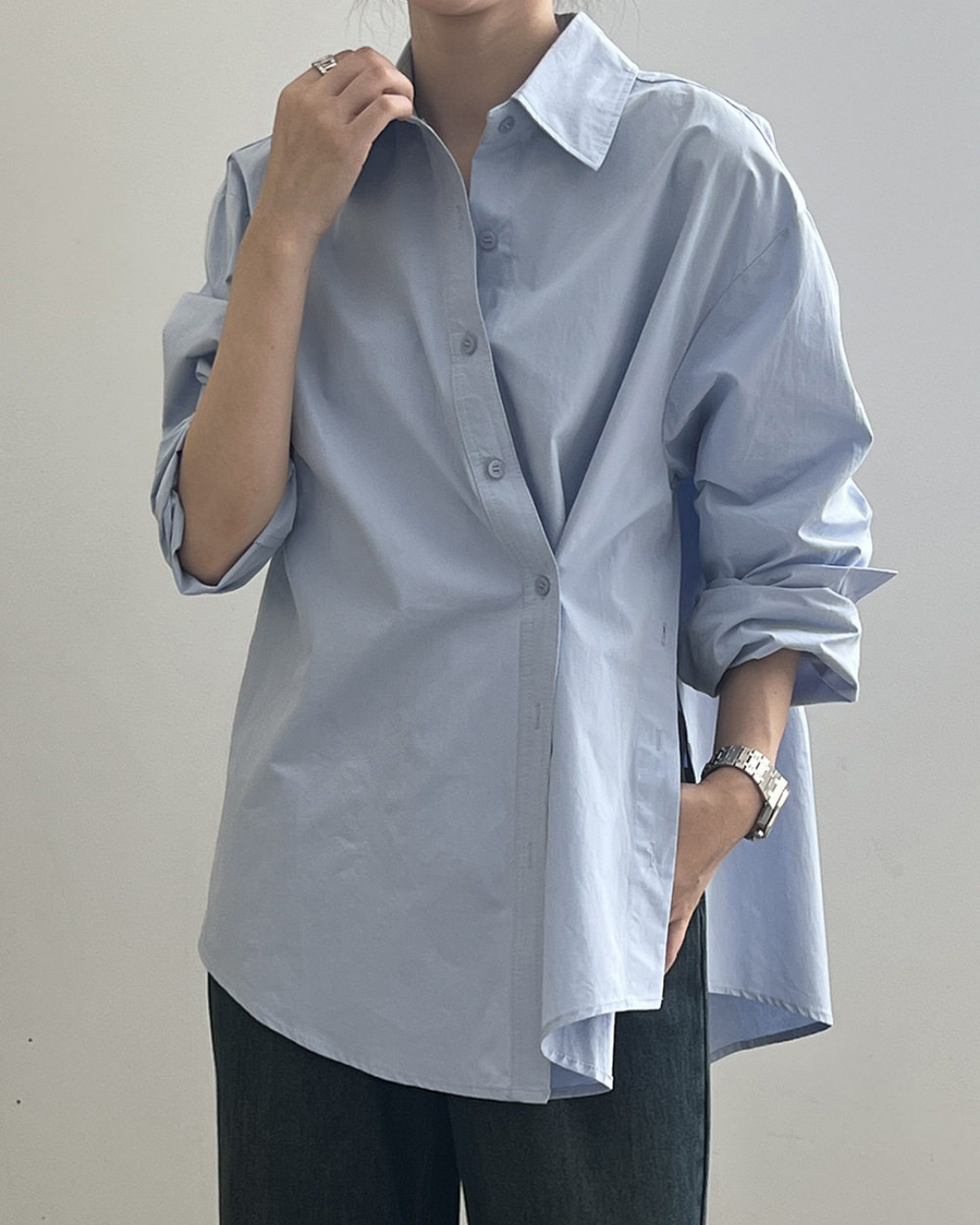 asymmetric placket loose fit long sleeve shirt 2color 【NINE7317】