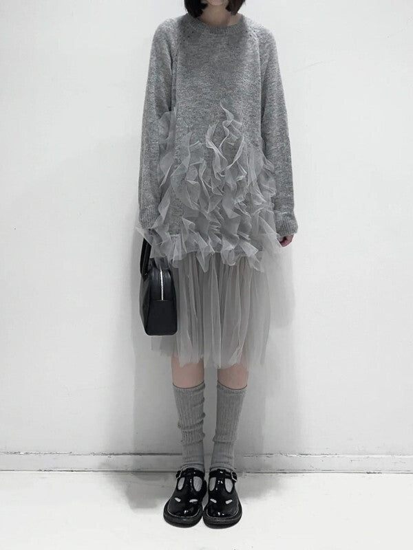 knit＆tulle see-through frill one-piece【NINE8393】
