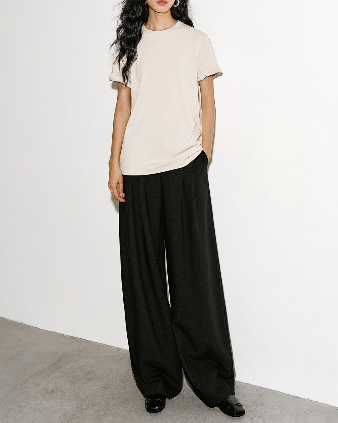 basic t-shirt with roll-up sleeves 2color【NINE0305】