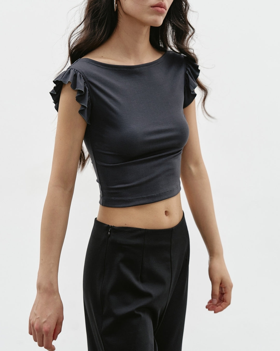 ruffled-sleeve boatneck t-shirt 2color【NINE0326】