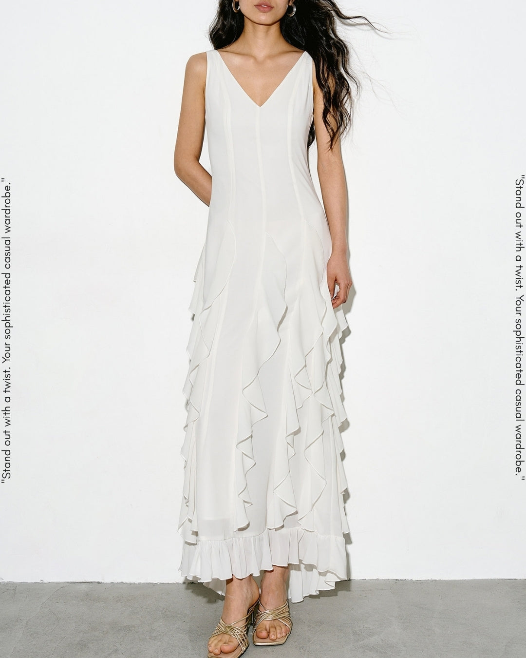v-neck frilled long one-piece【NINE0343】