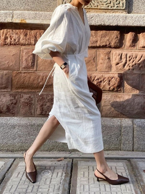 balloon-sleeve chic Ivory color long one-piece【NINE7750】