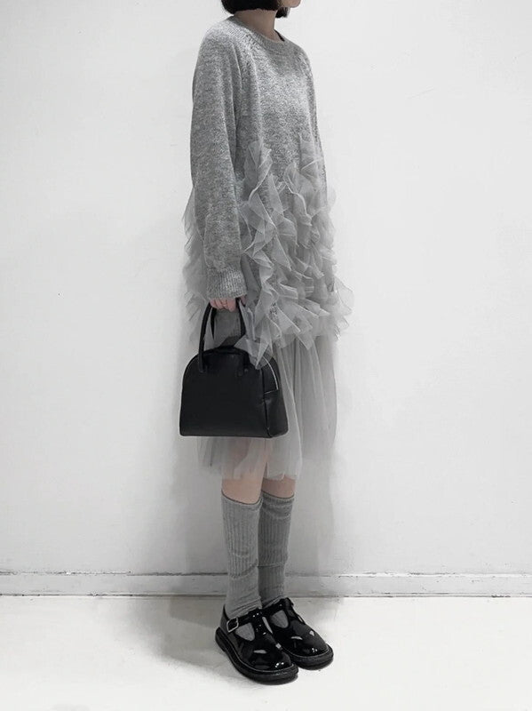 knit＆tulle see-through frill one-piece【NINE8393】