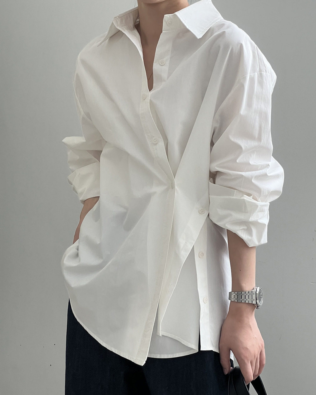 asymmetric placket loose fit long sleeve shirt 2color 【NINE7317】