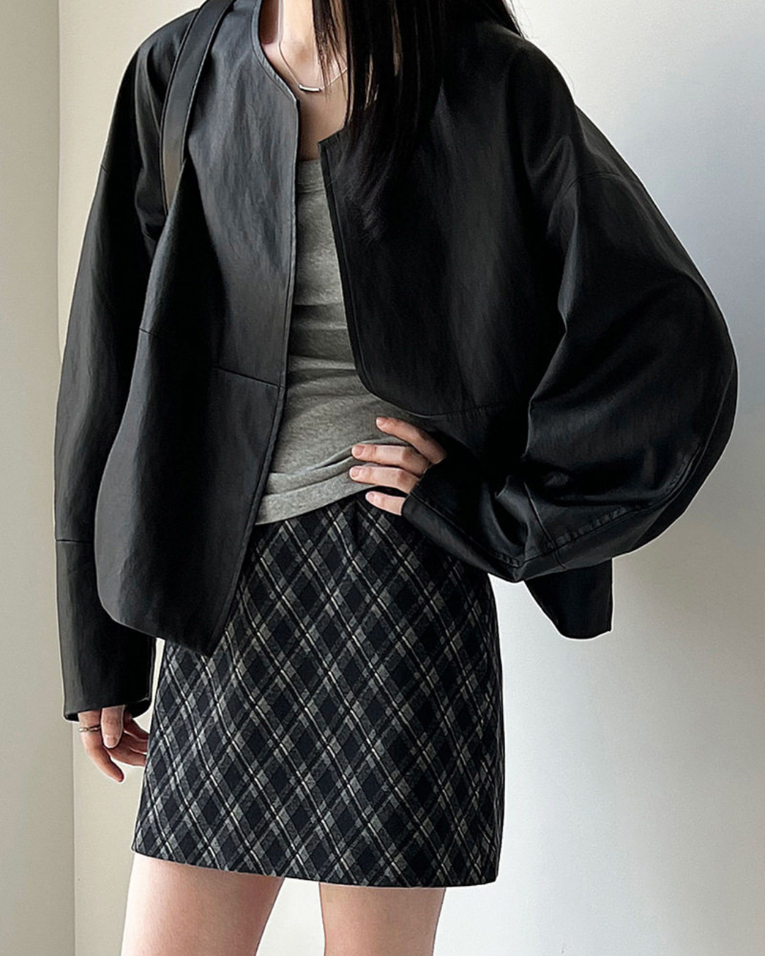 collarless faux leather relaxed jacket 1color 【NINE7327】