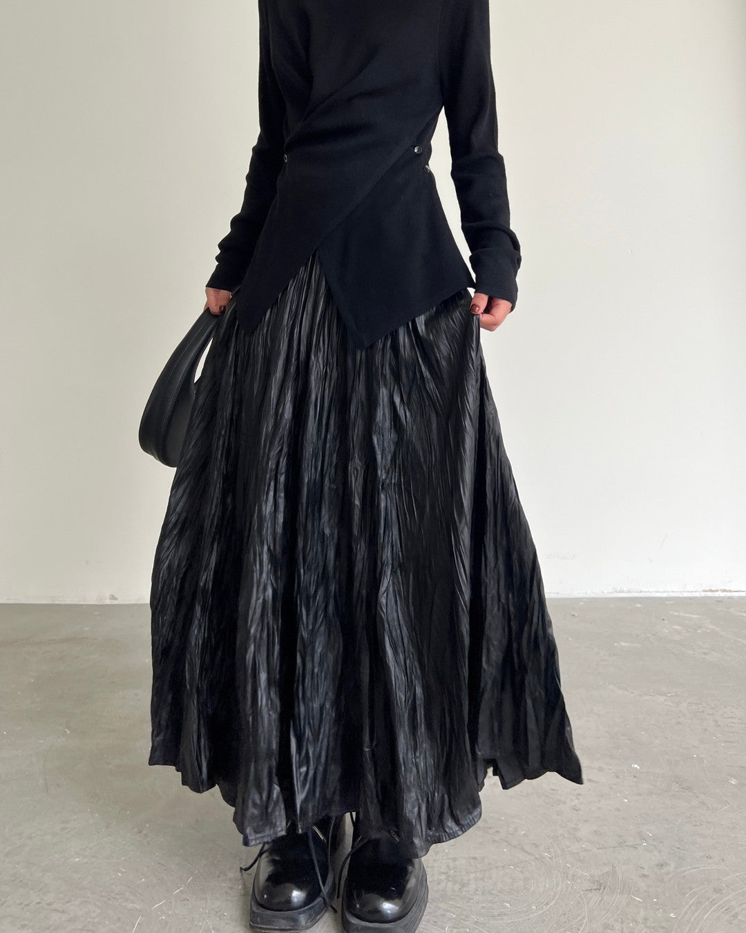 crinkled texture long pleated skirt 1color 【NINE7266】