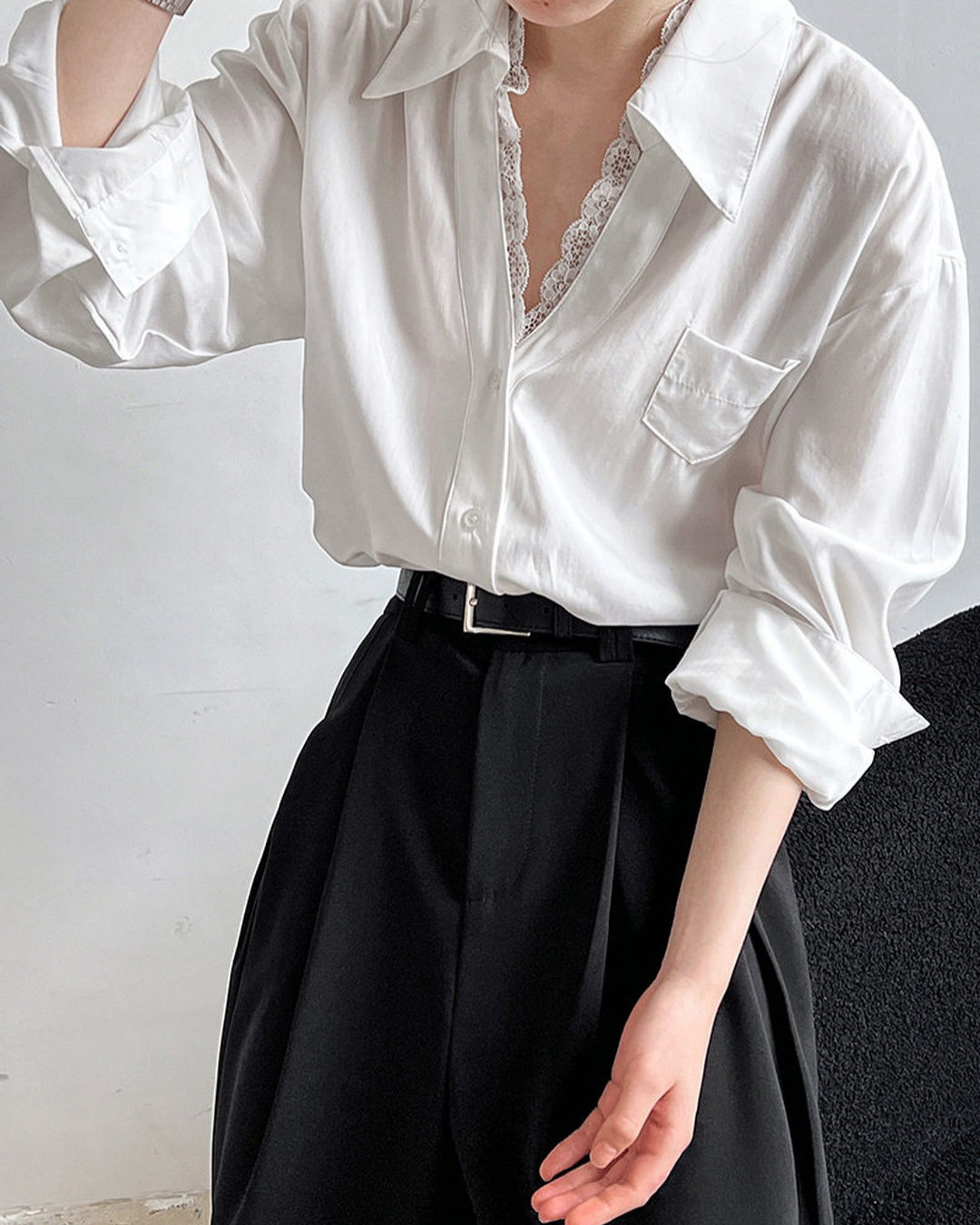 lace trim loose fit long sleeve shirt 2color 【NINE7311】