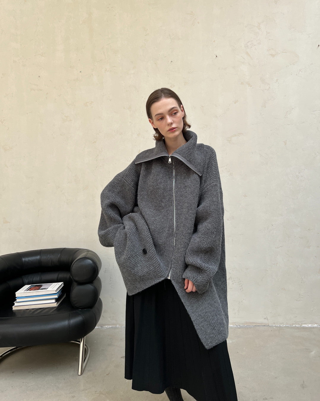 zip up neck knit cardigan jacket 2color 【NINE7271】