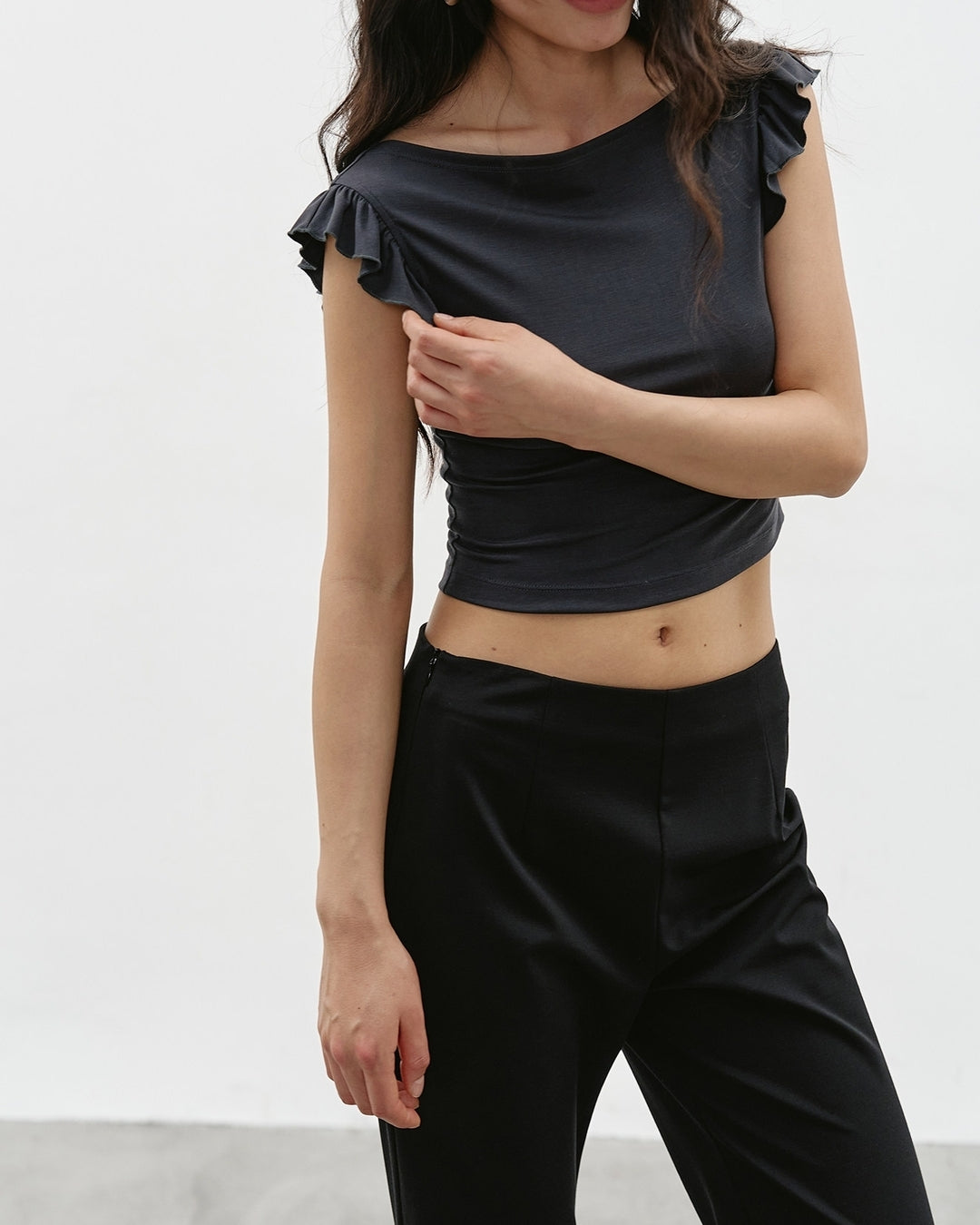 ruffled-sleeve boatneck t-shirt 2color【NINE0326】