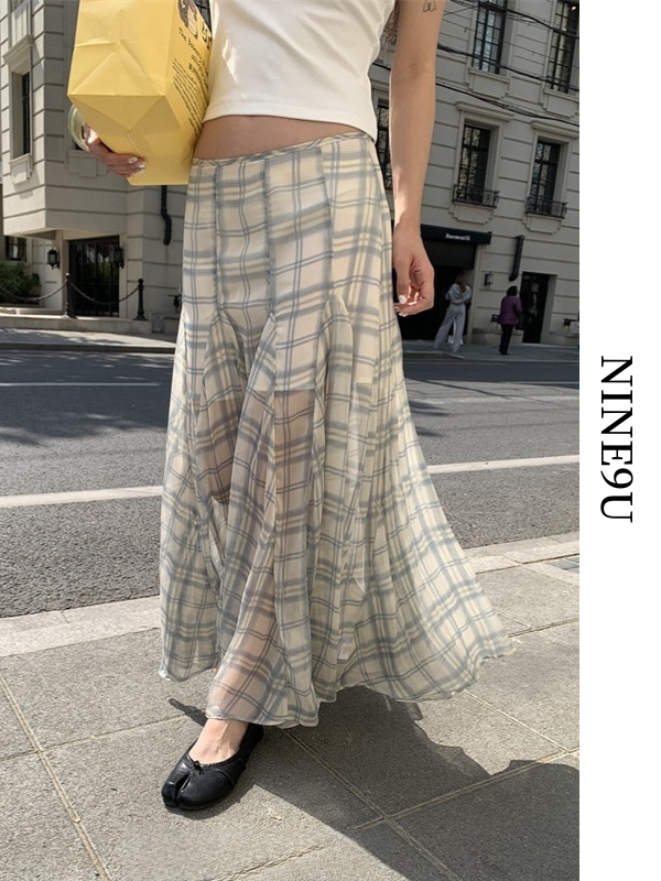 checked sheer fish-tail long-skirt【NINE9380】