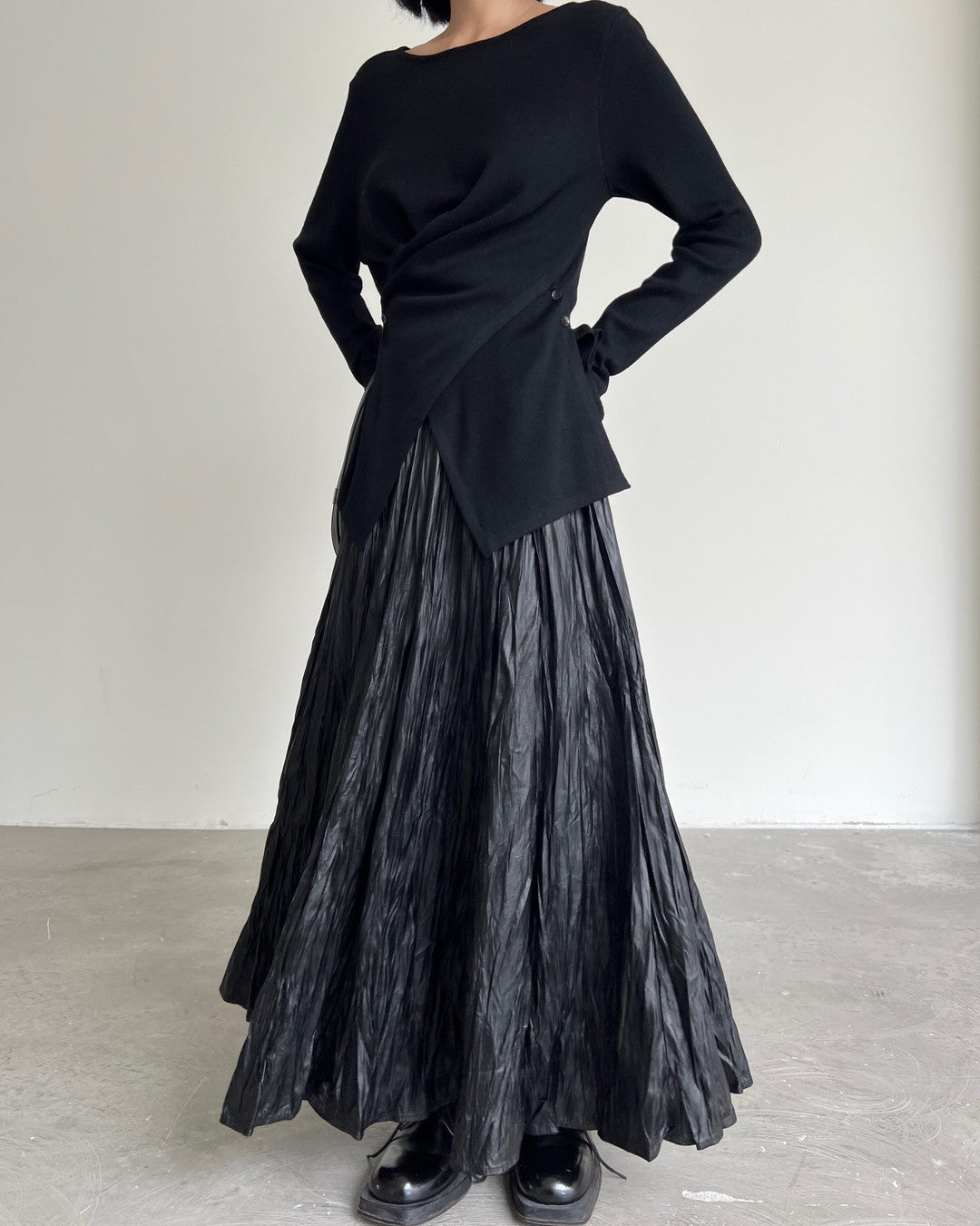 crinkled texture long pleated skirt 1color 【NINE7266】