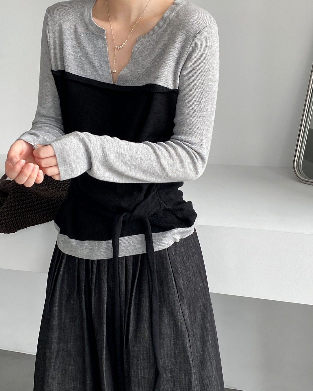 color block belt long sleeve knit 3color 【NINE7314】