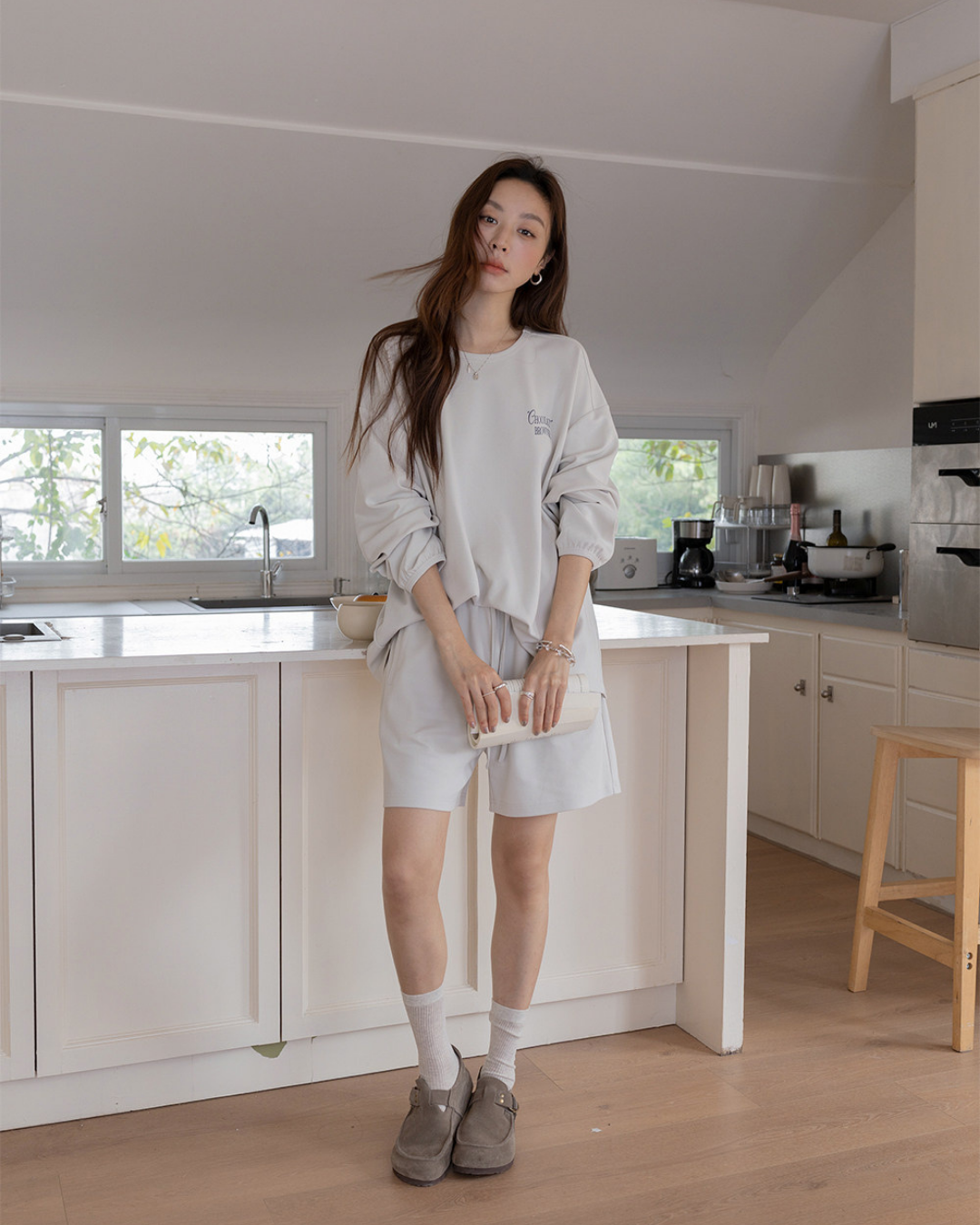 embroidered sweatshirt short pants setup 3color 【NINE7282】