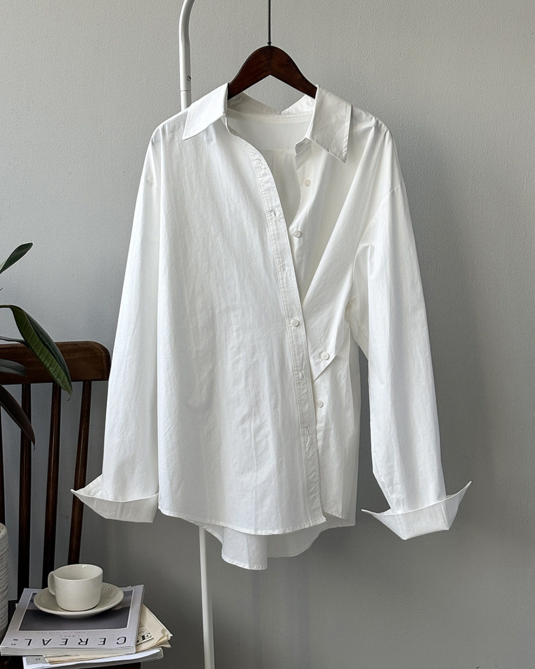 asymmetric placket loose fit long sleeve shirt 2color 【NINE7317】